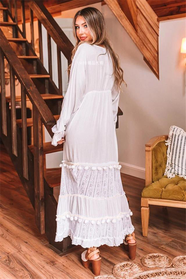 Vestido largo de malla con bordado negro puro estilo bohemio para mujer, primavera y verano