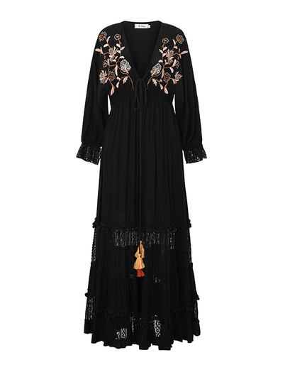 Vestido largo de malla con bordado negro puro estilo bohemio para mujer, primavera y verano