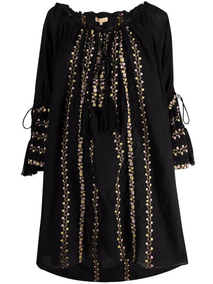 Vestido de algodón negro con bordados florales para mujer, estilo bohemio, para vacaciones, primavera y verano