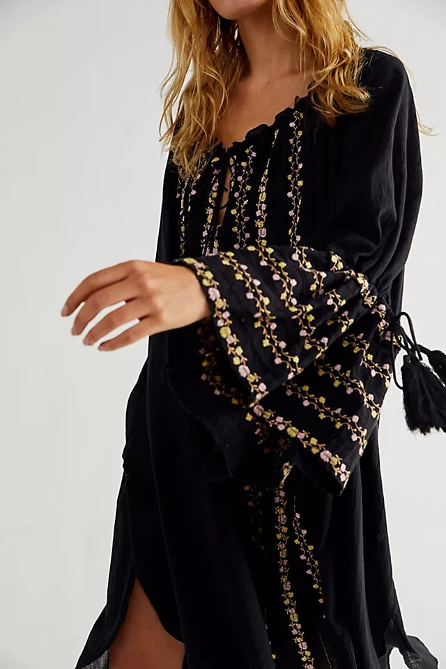 Vestido de algodón negro con bordados florales para mujer, estilo bohemio, para vacaciones, primavera y verano