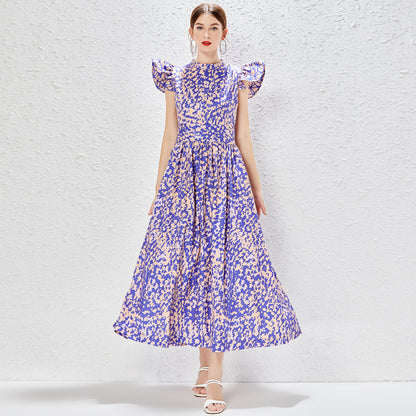 Spring And Summer New Elegant Ruffle Tie Printing Maxi A Line Ruffled Dress