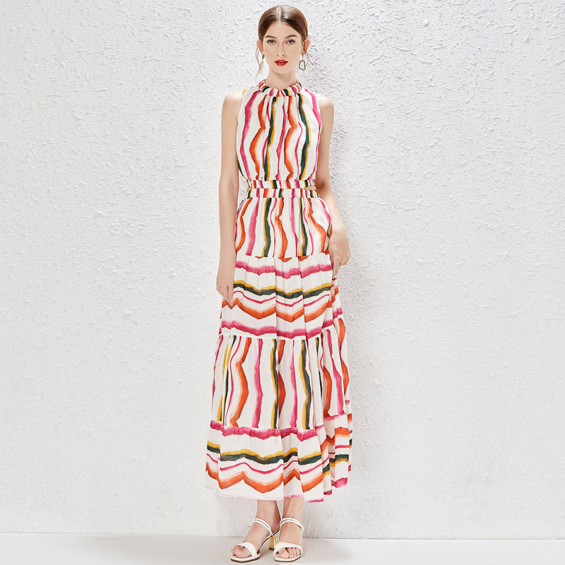 Spring And Summer New Sleeveless Elegant Cutout Stripe High Waist A Line Cutout Maxi Dress