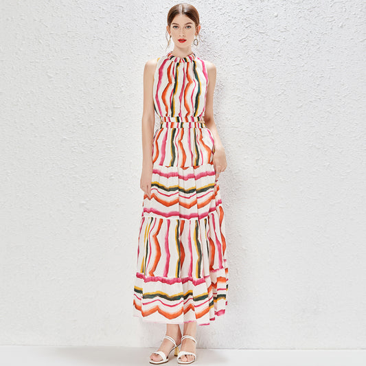 Spring And Summer New Sleeveless Elegant Cutout Stripe High Waist A Line Cutout Maxi Dress