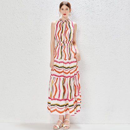 Spring And Summer New Sleeveless Elegant Cutout Stripe High Waist A Line Cutout Maxi Dress