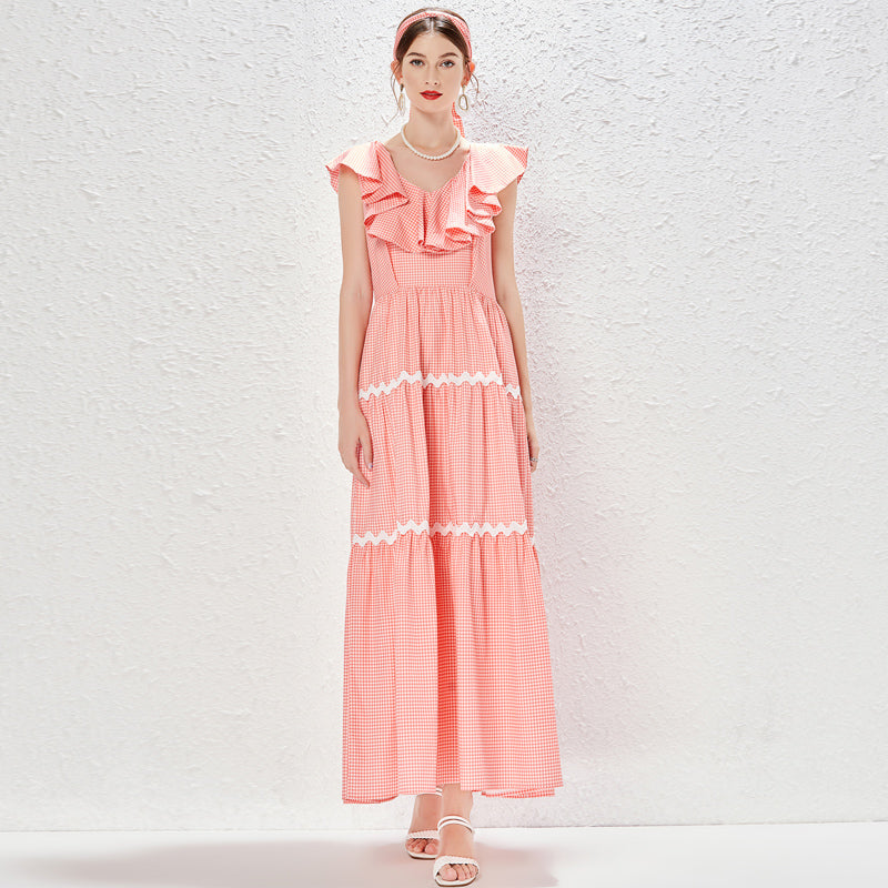 Summer Elegant Regular V-Neck Ruffle High Waist Check A Line Ruffled Maxi Dress