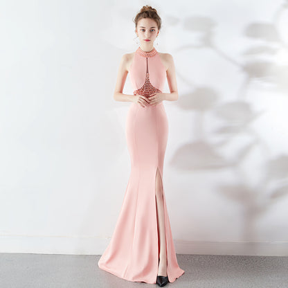 Autumn Long Red Fishtail Halter Wedding Banquet Evening Dress Dress Formal Gown