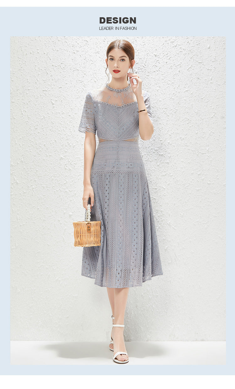 New Perspective Lace Heavy Industry Hollow out Waist Wide Swing Princess Style Dress