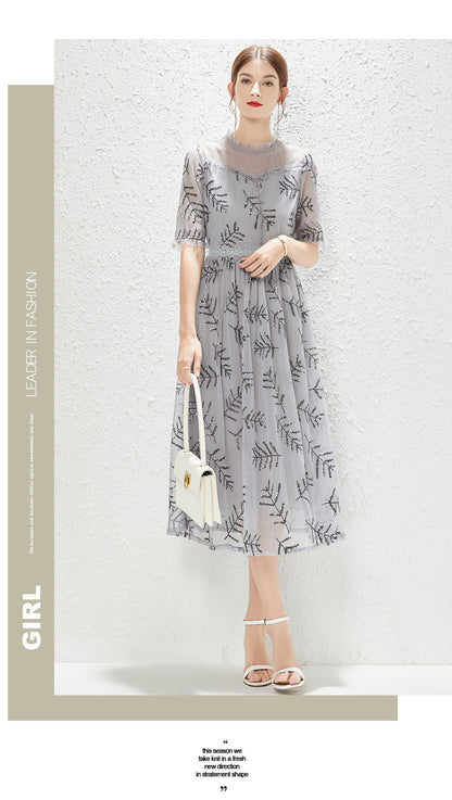 New Grey Gauze Sequin Dress Fashion Lady Temperament Elegant Dress