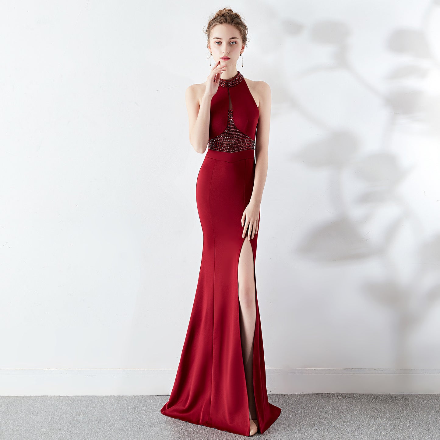 Autumn Long Red Fishtail Halter Wedding Banquet Evening Dress Dress Formal Gown