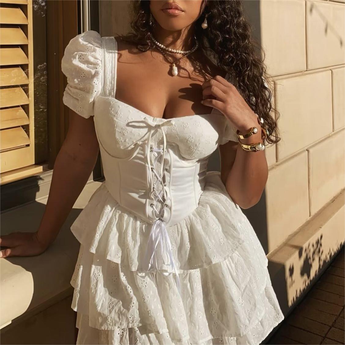 ThreeDimensional Boning Corset Embroidered Waist OnePiece Culotte Women Spring Summer Slimming Pleated Hollow Out Cutout Dress