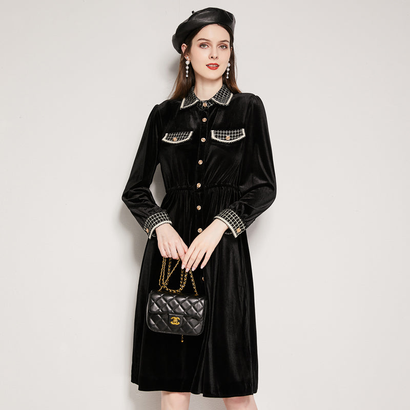 Elegant Spring Fall Black Velvet Dress Temperament Slim Knee A Line Shirt Dress