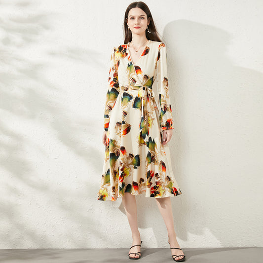 Vestido cruzado elegante con escote en V, estampado y cinturón para uso diario, primavera y otoño