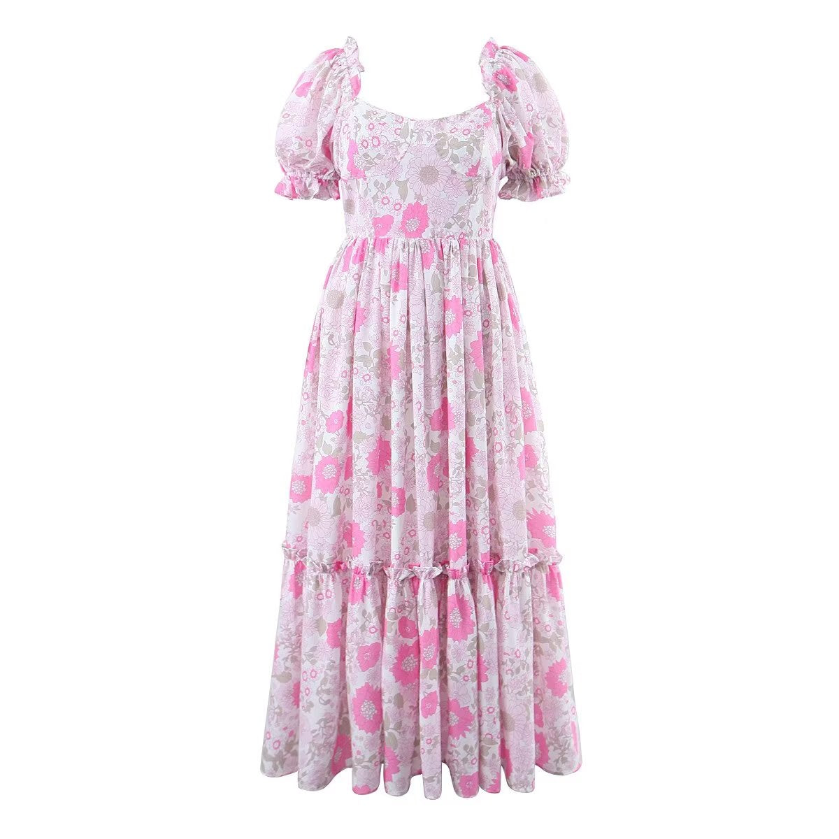 Vestido de mujer con estampado floral rosa y mangas abullonadas con cintura controlada para otoño