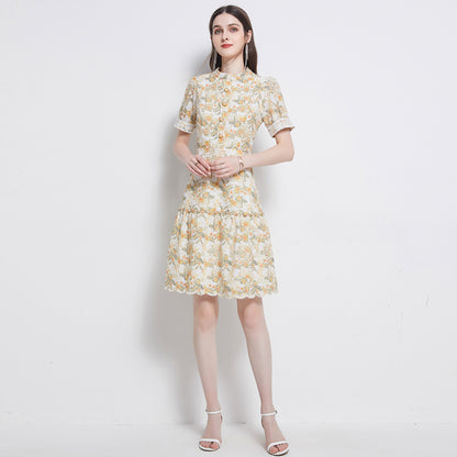 New Hollow Cotton Embroidered Dress Heavy Industry Embroidered Ruffle Floral A Line Dress