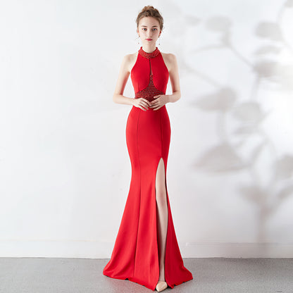 Autumn Long Red Fishtail Halter Wedding Banquet Evening Dress Dress Formal Gown