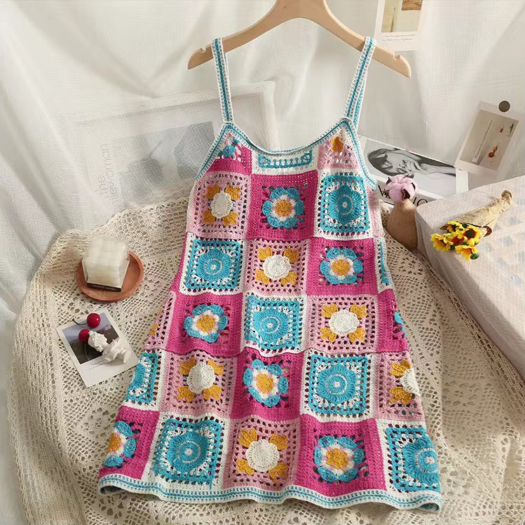 Vestido de verano bohemio vintage con tirantes de crochet para mujer