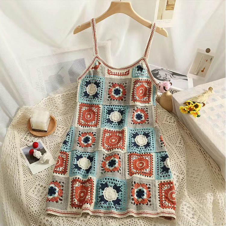 Robe d'été bohème vintage à bretelles en crochet pour femmes