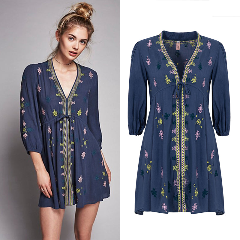 Robe brodée bohème à col en V pour femmes, nouvelle collection printemps et été