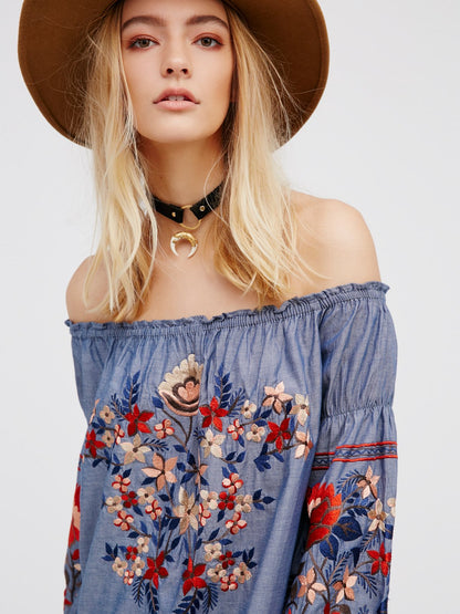 Women Spring and Summer New Bohemian Denim Cotton Embroidered Shoulder Dress