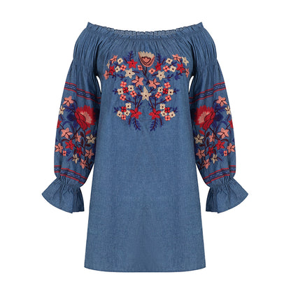 Women Spring and Summer New Bohemian Denim Cotton Embroidered Shoulder Dress