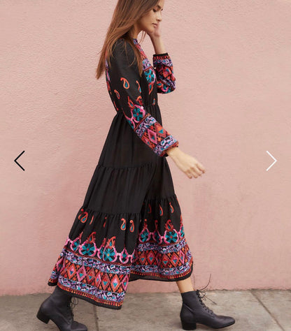 Women Spring and Summer New Bohemian Style Minor Heavy Industry Embroidered Bohemian Vacation Style Dress Long Dress