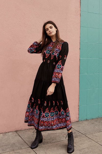 Women Spring and Summer New Bohemian Style Minor Heavy Industry Embroidered Bohemian Vacation Style Dress Long Dress