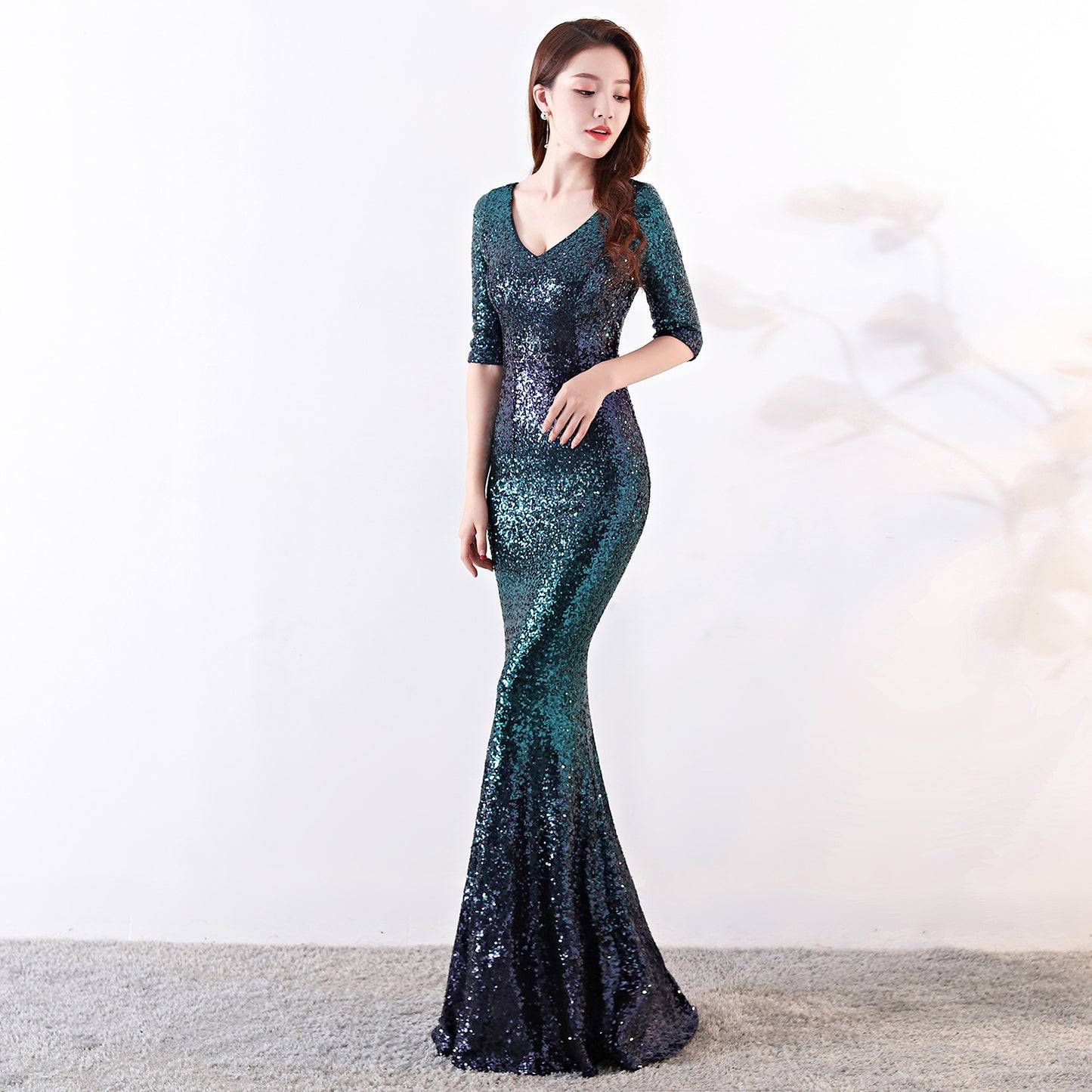 Women Cocktail Elegant Long Host Slim Dress Sexy Fishtail Sequ