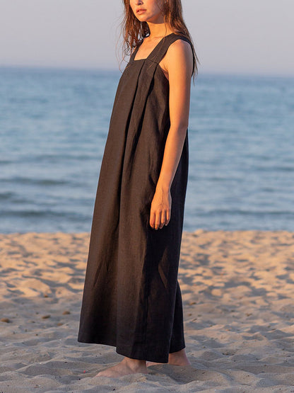 Vestido largo sin mangas de ramio, diseño francés de primavera y verano, vestido camisola holgado de lino y algodón con cuello cuadrado