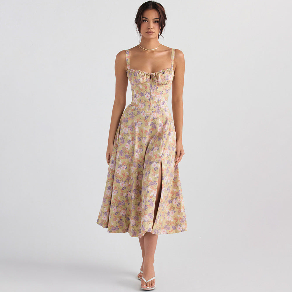 Robe mi-longue fendue à fleurs pour femme, vêtement sexy dos nu, coupe ajustée, à bretelles, pour les vacances