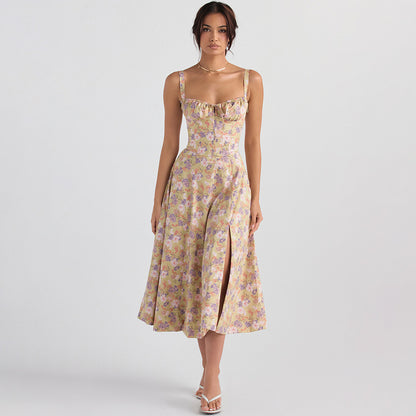 Vestido ajustado de tirantes con espalda descubierta y estampado floral para mujer, vestido de vacaciones de longitud media con abertura