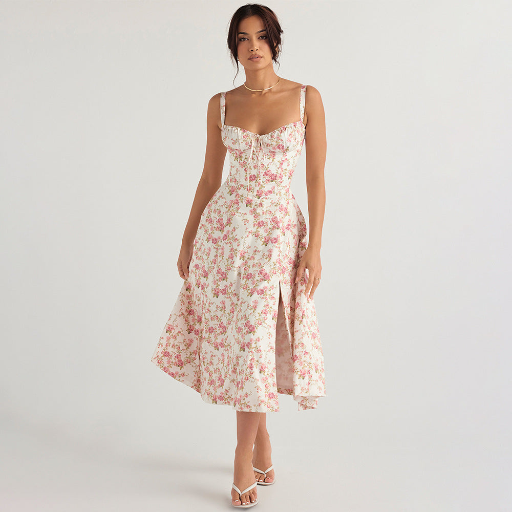 Robe mi-longue fendue à fleurs pour femme, vêtement sexy dos nu, coupe ajustée, à bretelles, pour les vacances