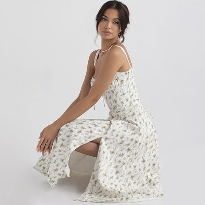 Robe mi-longue fendue à fleurs pour femme, vêtement sexy dos nu, coupe ajustée, à bretelles, pour les vacances