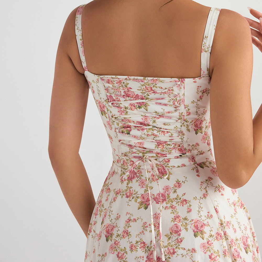 Vestido ajustado de tirantes con espalda descubierta y estampado floral para mujer, vestido de vacaciones de longitud media con abertura