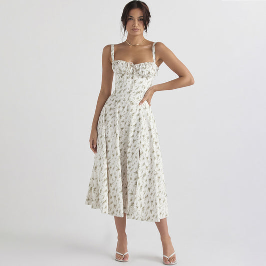 Robe mi-longue fendue à fleurs pour femme, vêtement sexy dos nu, coupe ajustée, à bretelles, pour les vacances