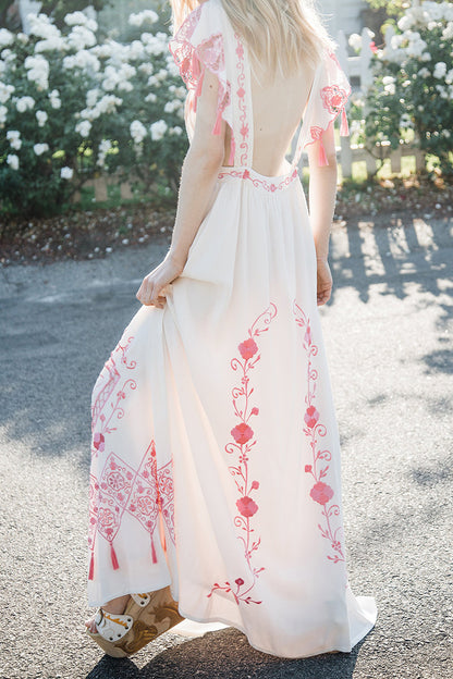 Vestido con cinturón y borlas huecas con bordado de flores para mujer, estilo retro, para verano