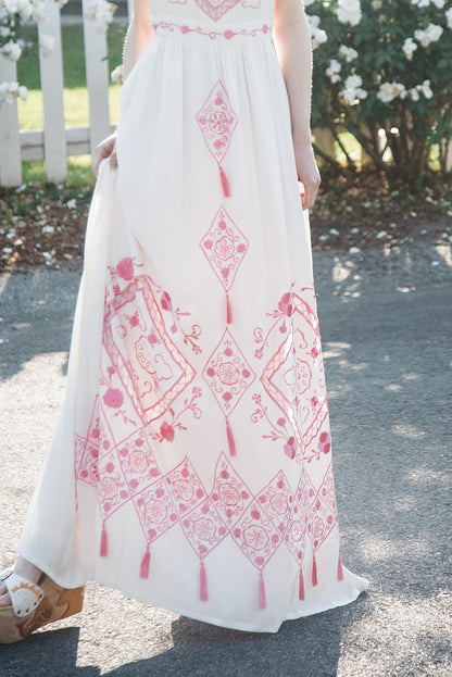 Vestido con cinturón y borlas huecas con bordado de flores para mujer, estilo retro, para verano