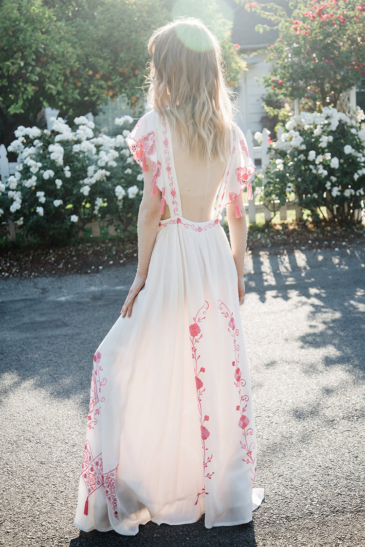 Vestido con cinturón y borlas huecas con bordado de flores para mujer, estilo retro, para verano