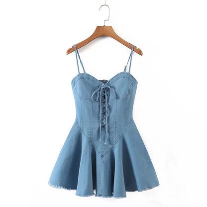 Robe camisole en Denim Sexy pour femmes, enveloppée sur la poitrine, amincissante, taille croisée, à lacets, été