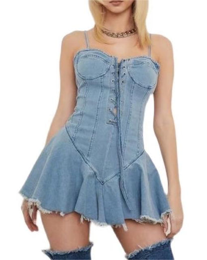 Robe camisole en Denim Sexy pour femmes, enveloppée sur la poitrine, amincissante, taille croisée, à lacets, été