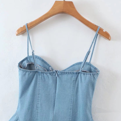 Robe camisole en Denim Sexy pour femmes, enveloppée sur la poitrine, amincissante, taille croisée, à lacets, été