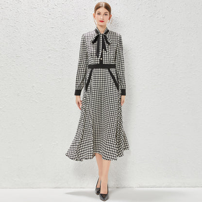 New Socialite Temperament Black And White Contrast Houndstooth Waist Dress