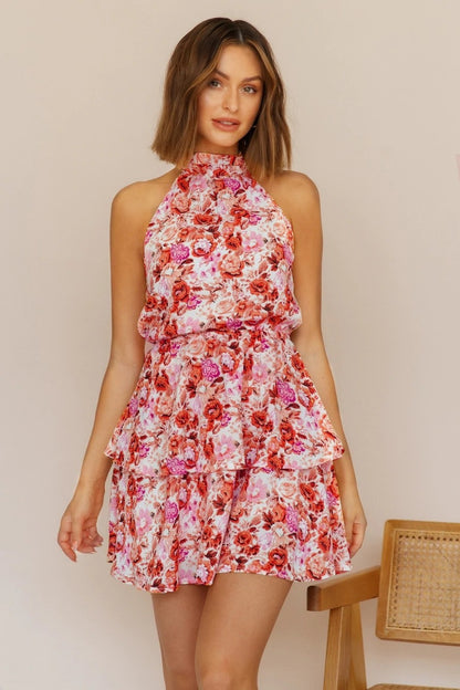 Women Summer Vacation Floral Ruffled Tiered A Line Tie Backless Dress