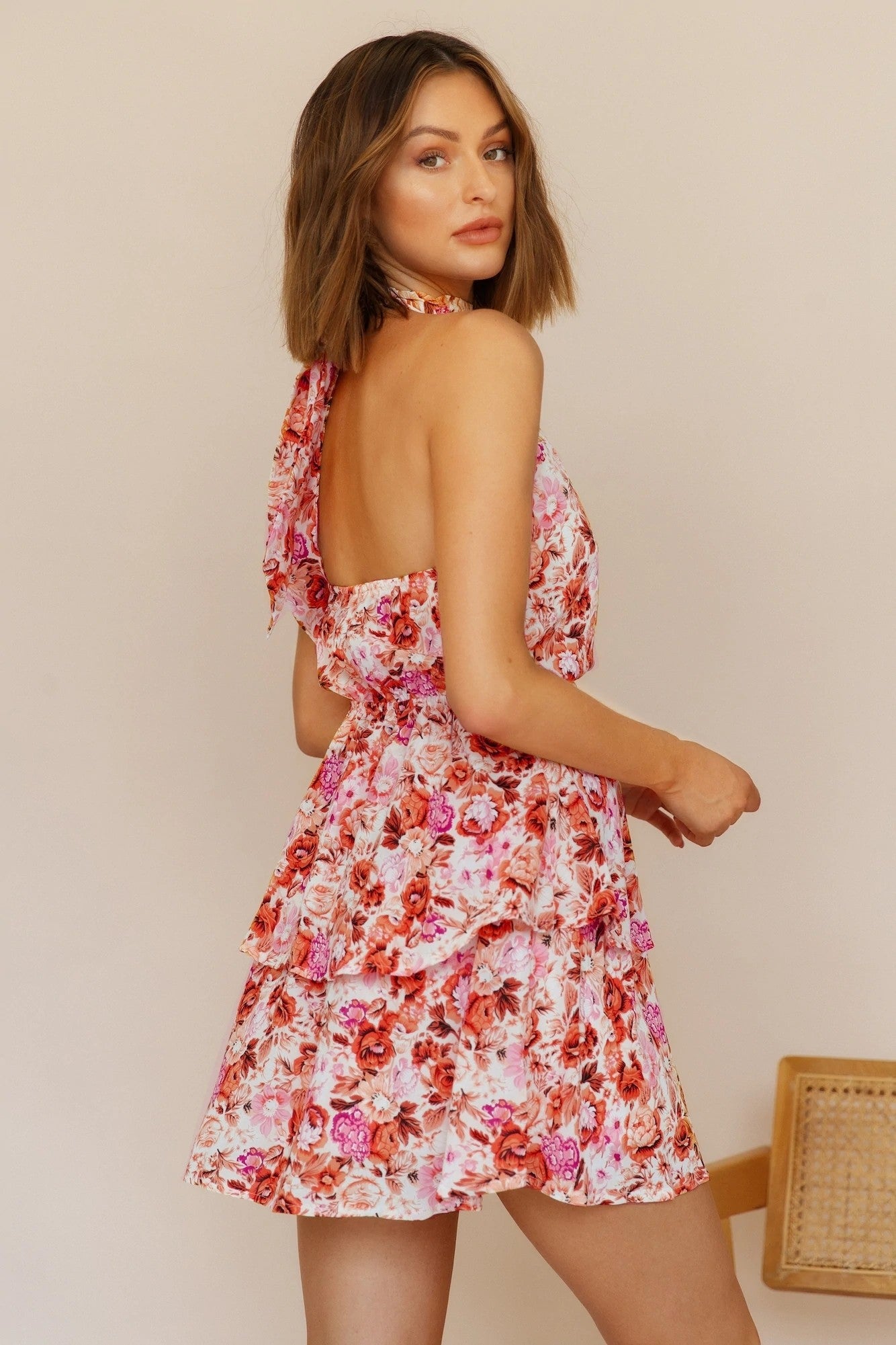 Women Summer Vacation Floral Ruffled Tiered A Line Tie Backless Dress