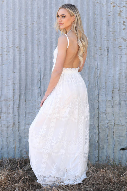 White Contrast Lace Backless Spaghetti Strap Maxi Dress