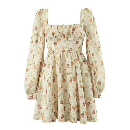 Vestido corto con cuello cuadrado y estampado floral para mujer Otoño Invierno