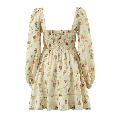 Vestido corto con cuello cuadrado y estampado floral para mujer Otoño Invierno