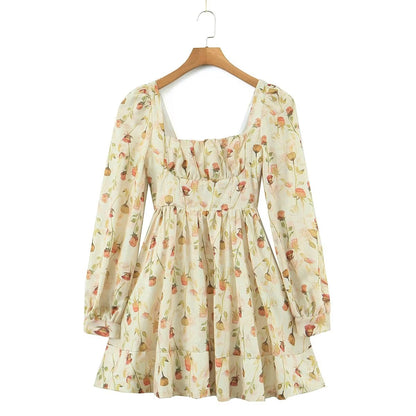 Vestido corto con cuello cuadrado y estampado floral para mujer Otoño Invierno