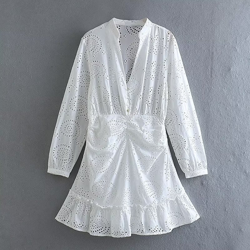 Spring Summer Women Clothing Vintage Ruffled Belt White Dress