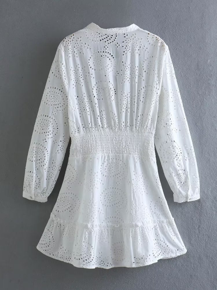 Spring Summer Women Clothing Vintage Ruffled Belt White Dress