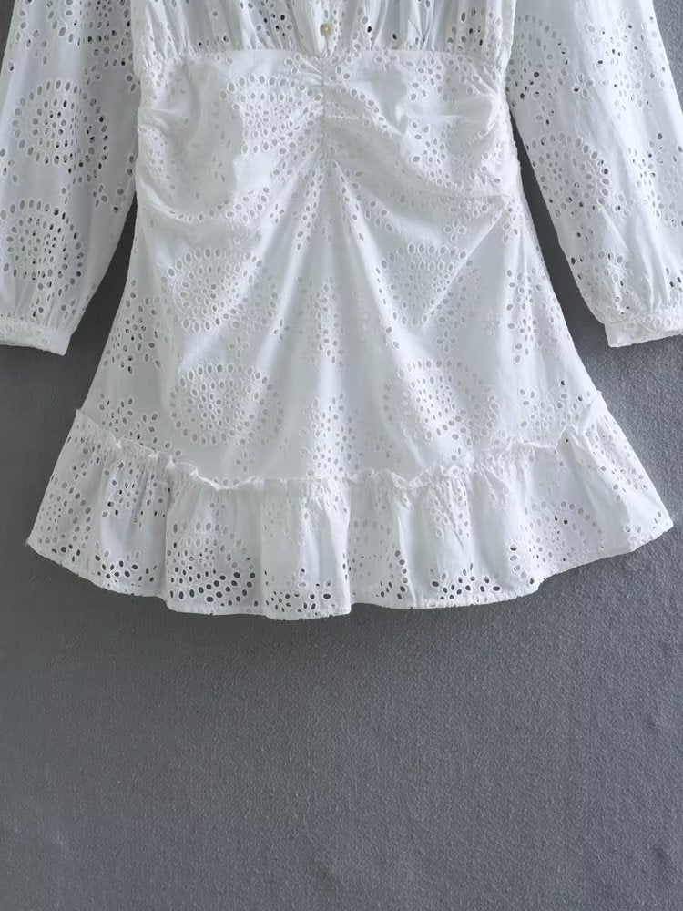 Spring Summer Women Clothing Vintage Ruffled Belt White Dress